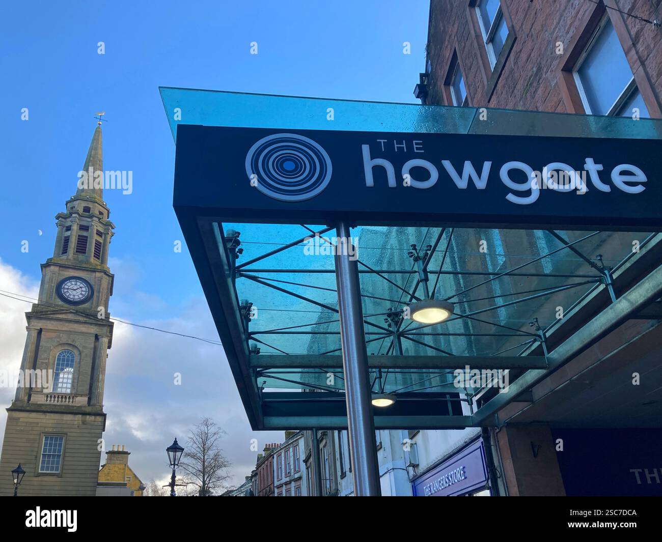 Howgate Shopping Mall and Falkirk Steeple, Falkirk, Scotland - Smartphone Captured Stock Image