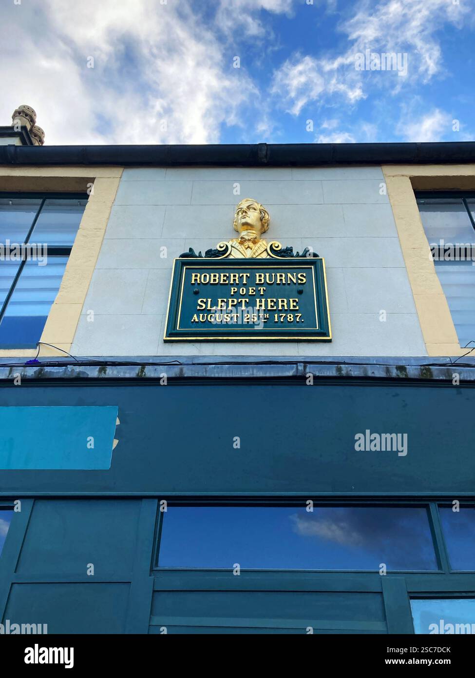 Robert Burns poet slept here August 25th, 1787, plaque in the High Street, Falkirk, Scotland - Smartphone Captured Stock Image