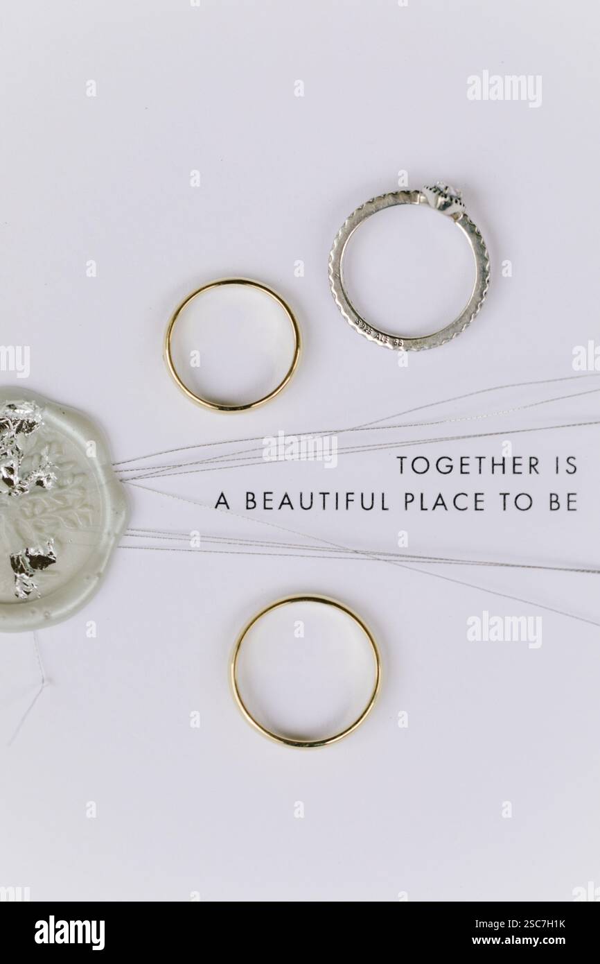 Three elegant rings are arranged neatly on a light backdrop, beside a ...