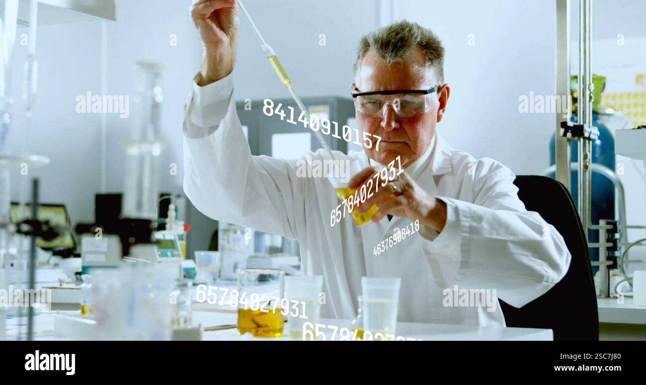 Scientist conducting experiment with pipette, data processing image over laboratory scene Stock Photo