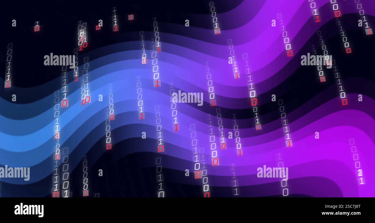 Binary code and data streams over purple and blue waves, digital image Stock Photo