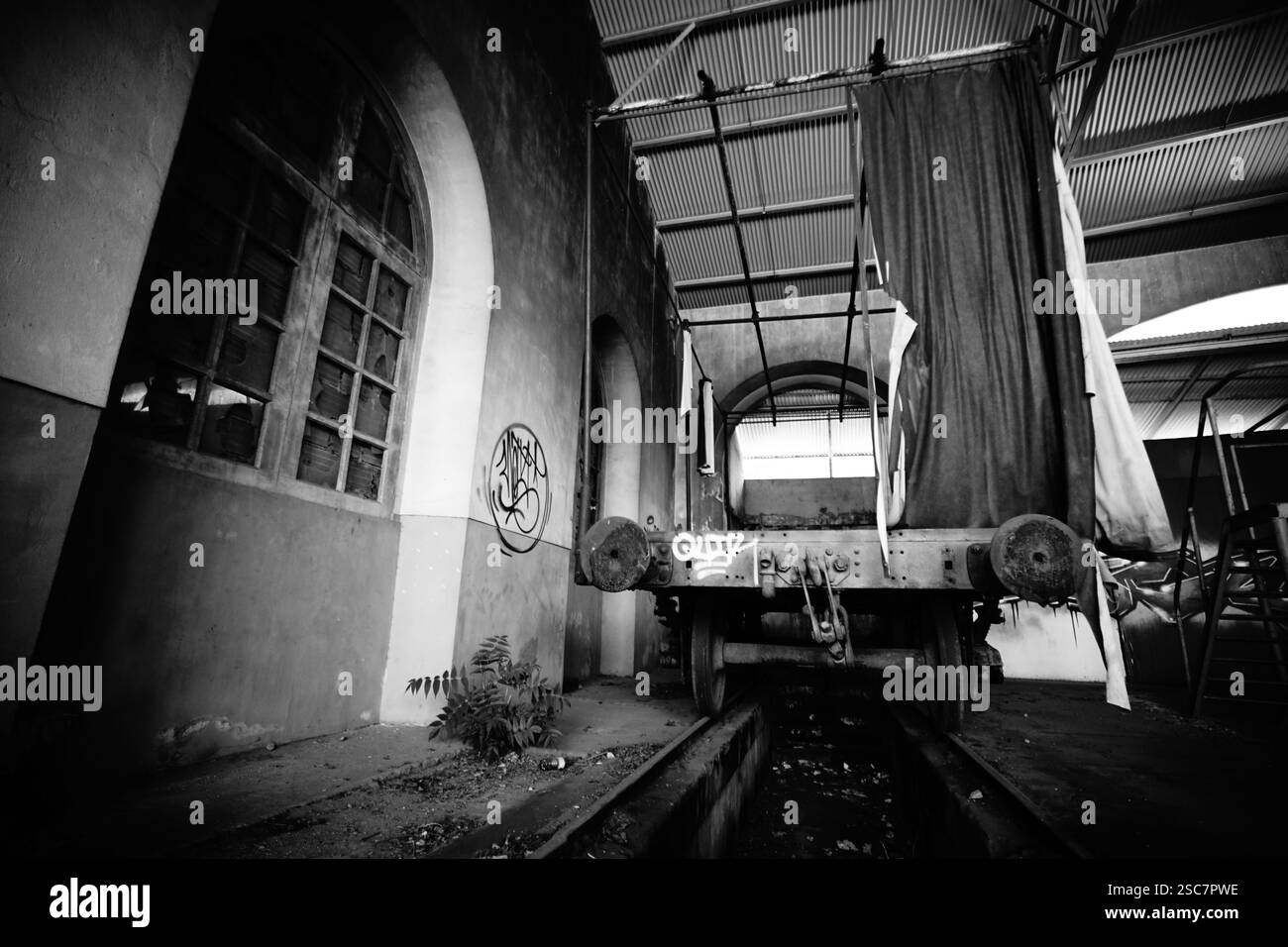 Interior of a rotating system train workshop. arch construction Stock ...