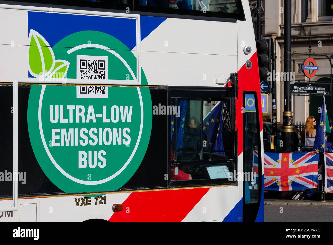 A tourist bus in Westminster indicating that it produces less ...