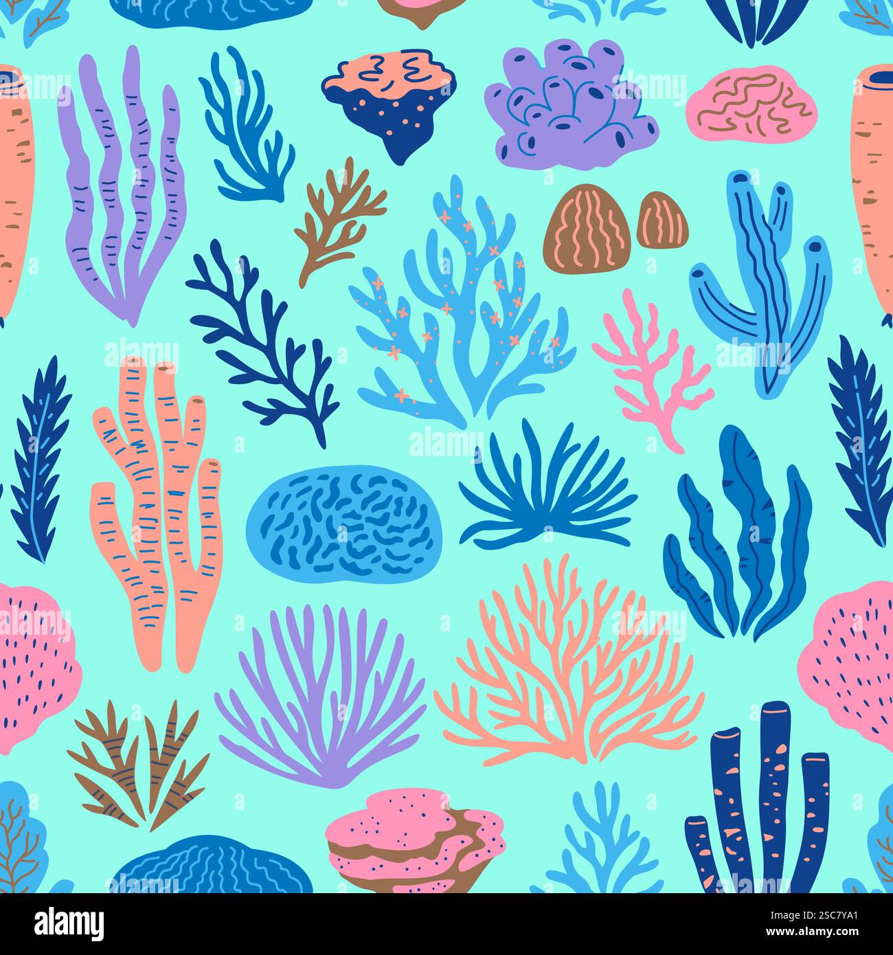 Seamless pattern with doodle corals and seaweeds. Hand-drawn cute ...