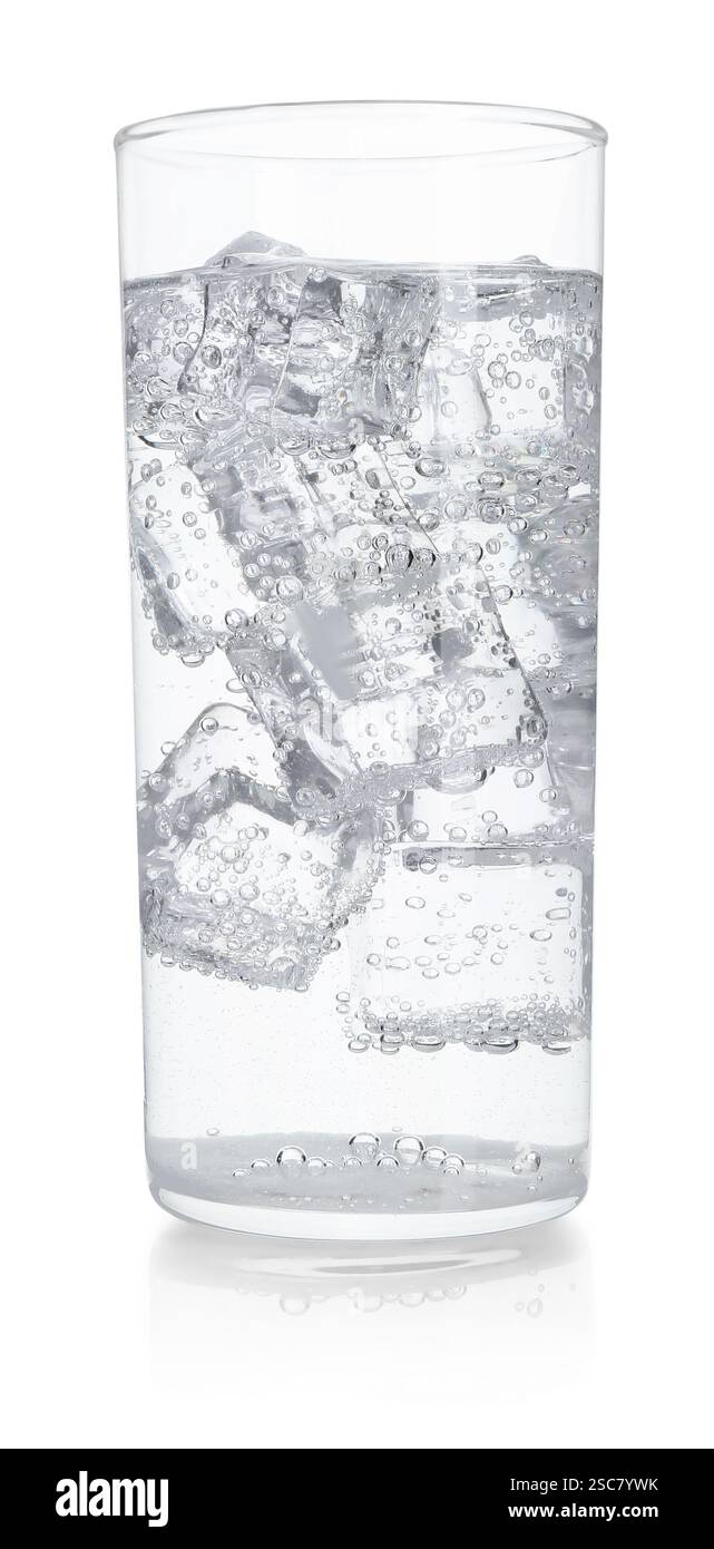Glass of refreshing soda water with ice cubes isolated on white Stock ...