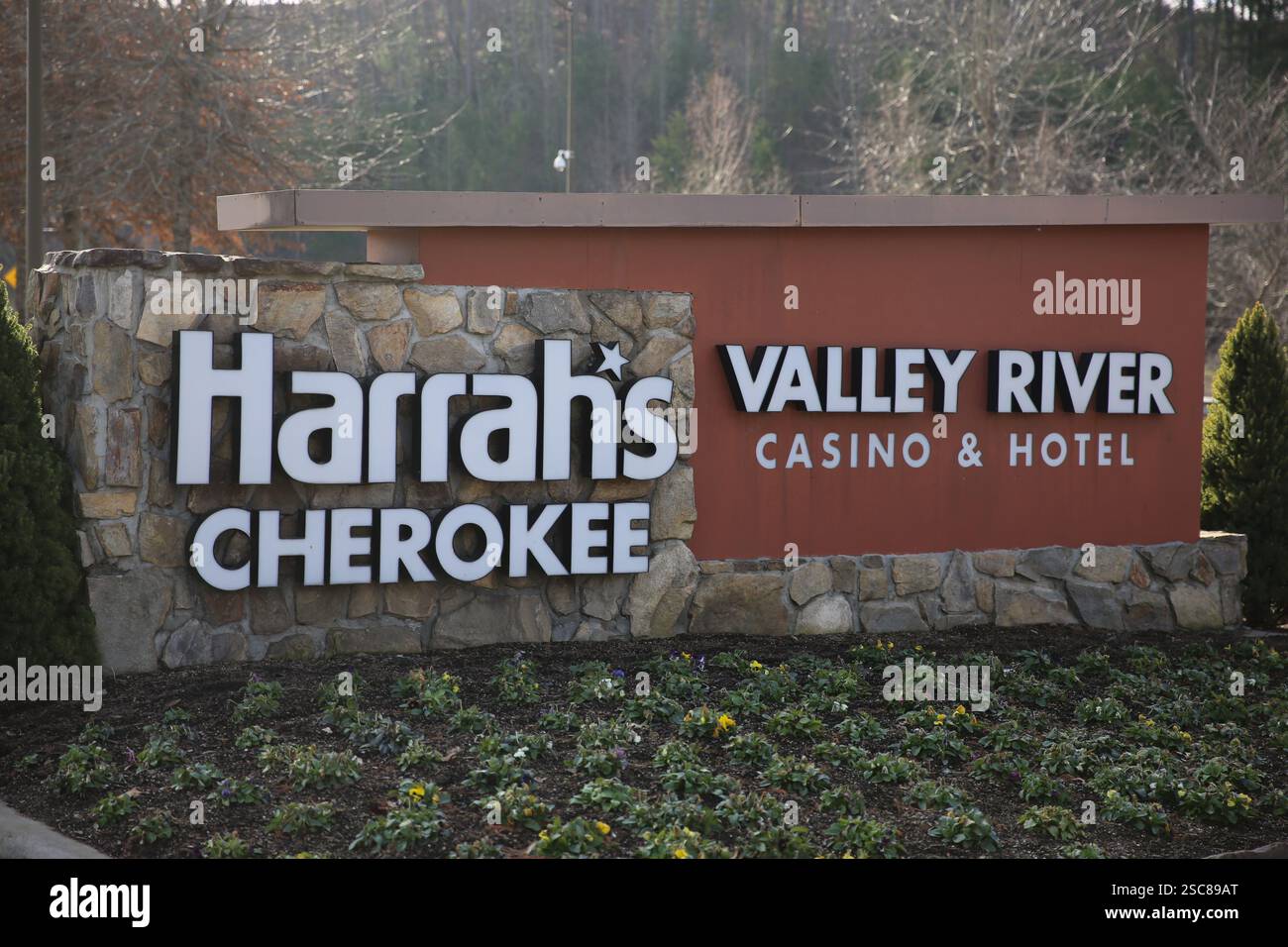 Entrance to Harrah's Cherokee Indian Reservation's Valley River Casino and Hotel in the area of Murphy, North Carolina. Stock Photo