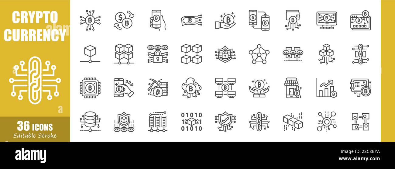 Cryptocurrency . Financial technology outline icon collection . Editable stroke . Vector . Stock Vector