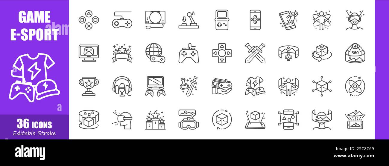 Game and E-sports . Technology outline icon collection . Editable stroke . Vector . Stock Vector
