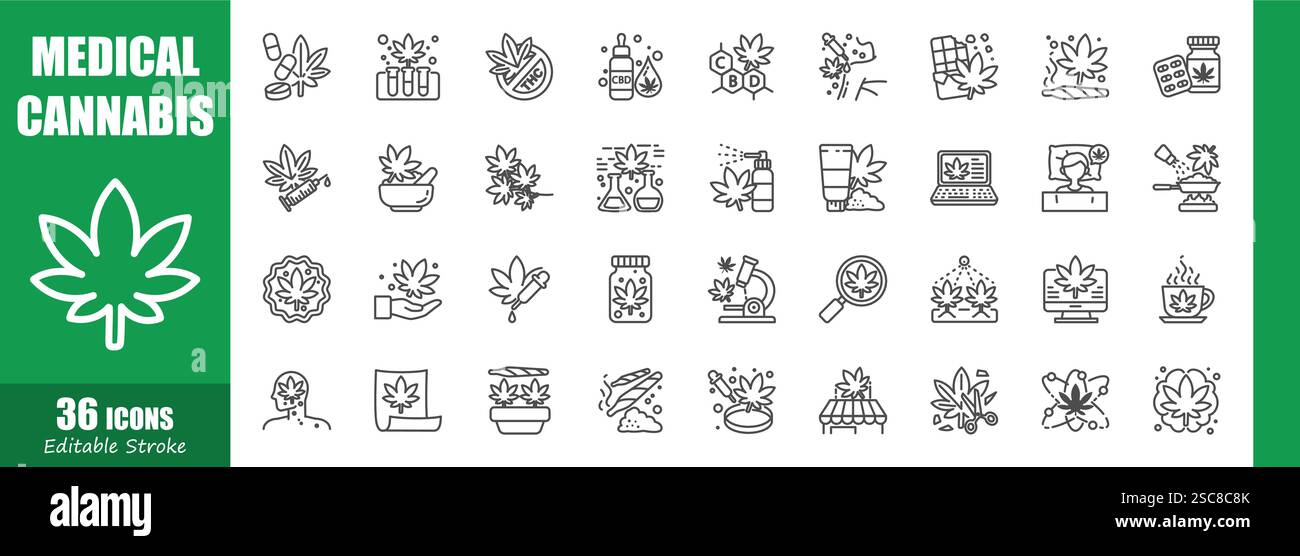 Cannabis . Medical outline icon collection . Editable stroke . Vector ...