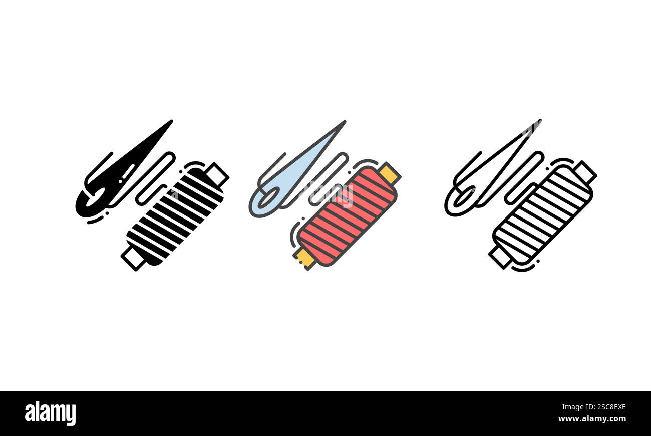 Vector embroidery icon featuring a needle and thread, representing the art of embroidery, sewing, and needlework. Outline, Glyph and Filled Outline St Stock Vector