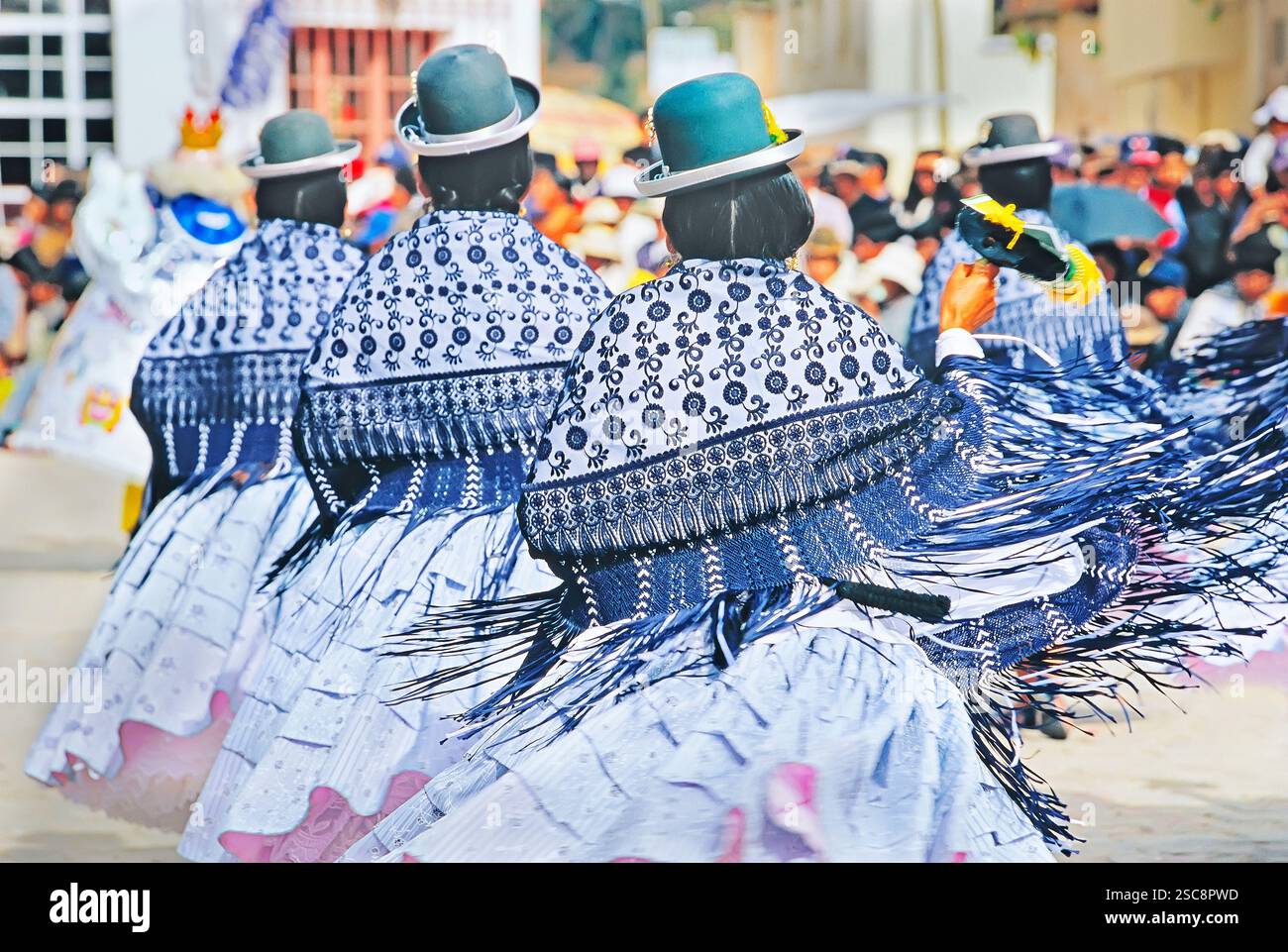 People in carnival costume dancing, Copacabana, Titicaca Lake, Bolivia, South America Stock Photo