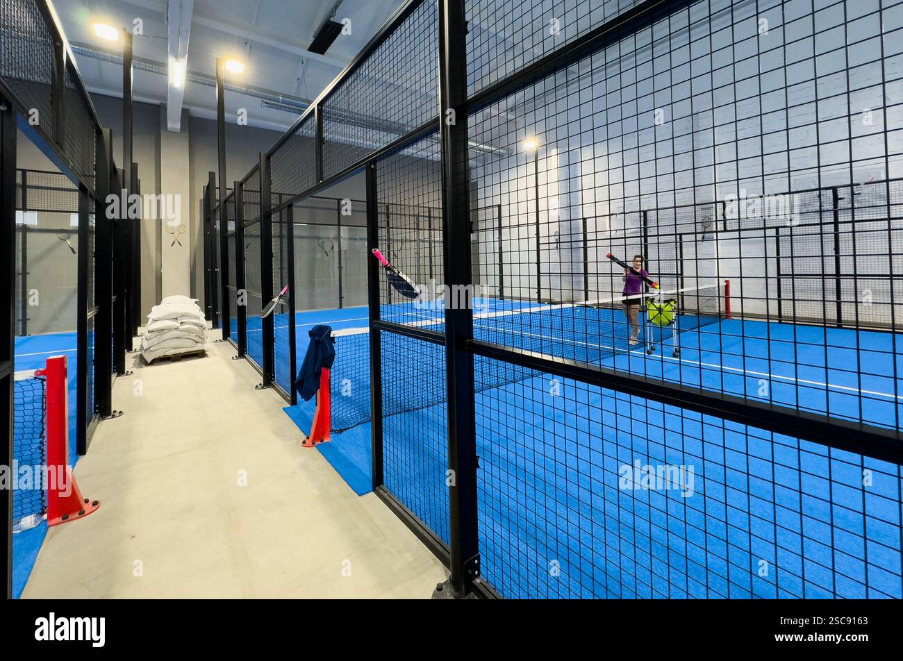 Padel court with lines and net indoor Stock Photo - Alamy