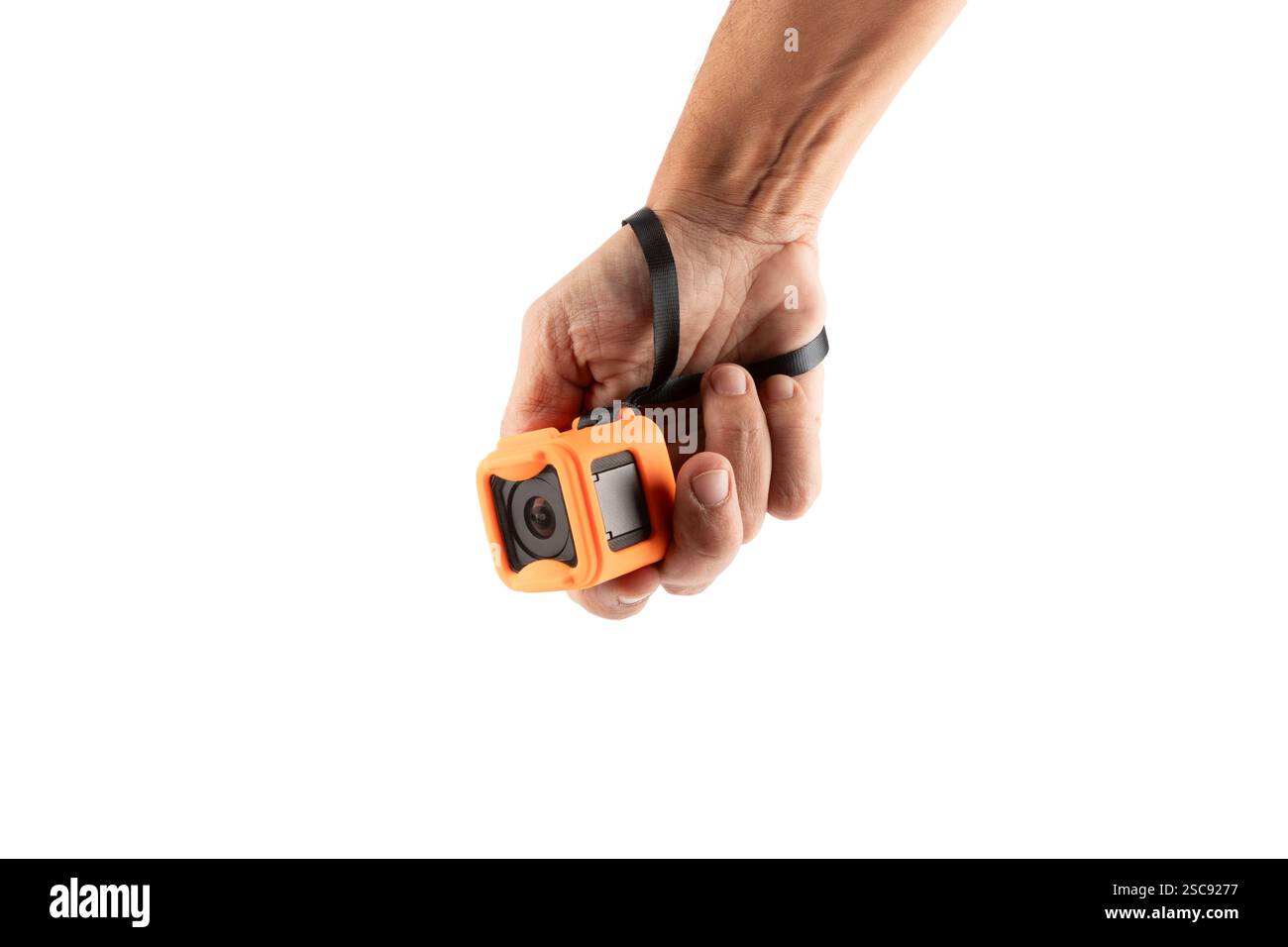 Male hand holding an action camera isolated on white background Stock ...