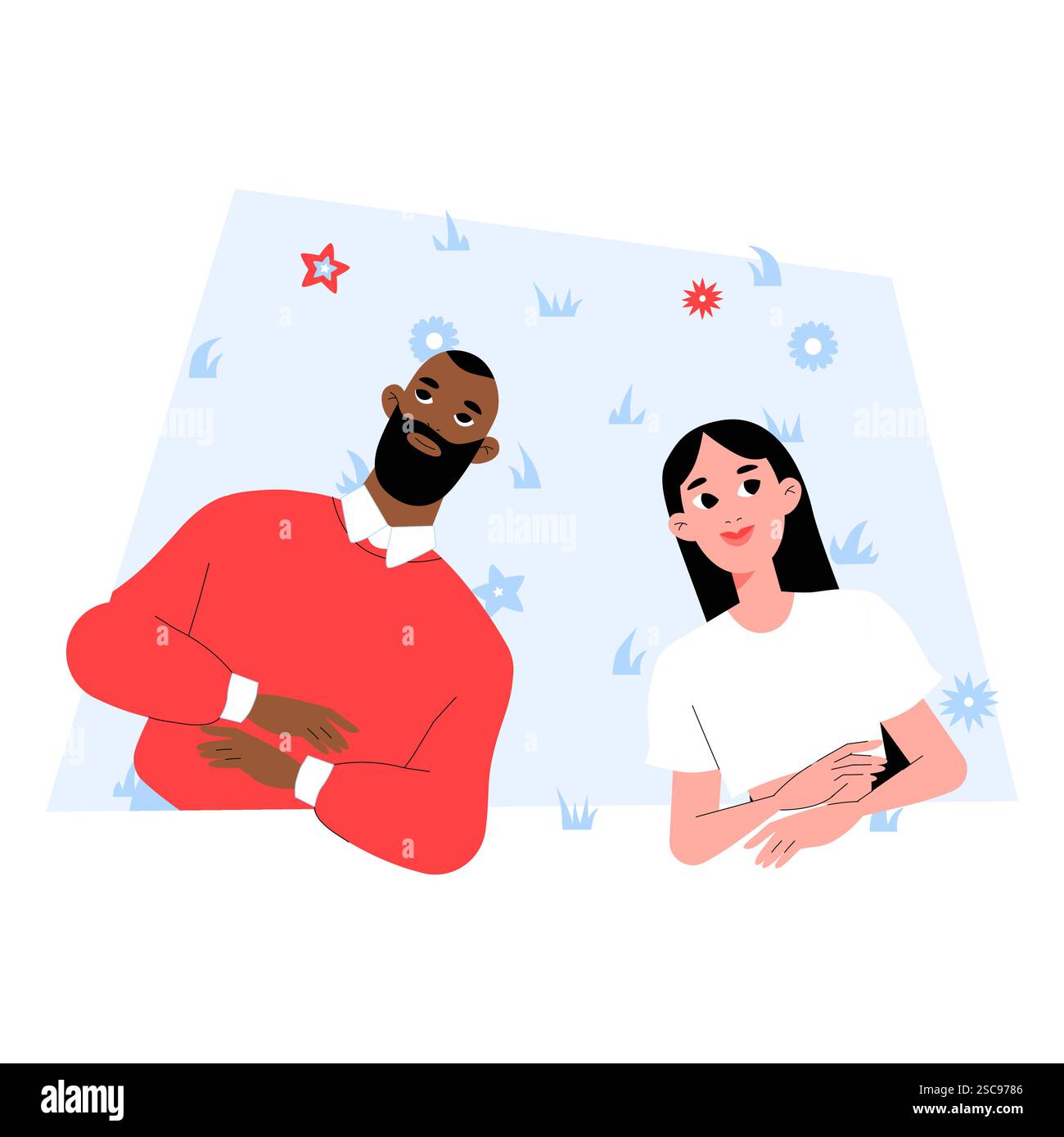 Interracial Couple Relaxing On Grass In Flat Vector Illustration ...