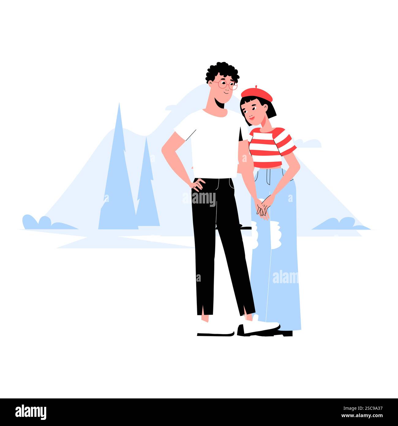 Couple On A Date Outdoors In Flat Vector Illustration Symbolizing Love ...