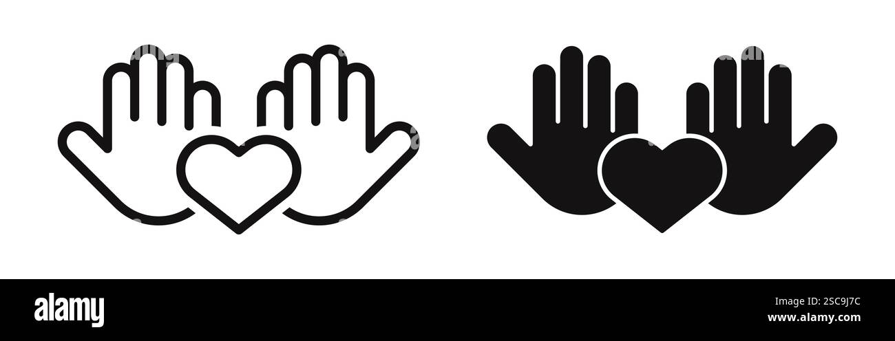 Heart in hand icons set. Hands holding heart symbol collection. Vector ...