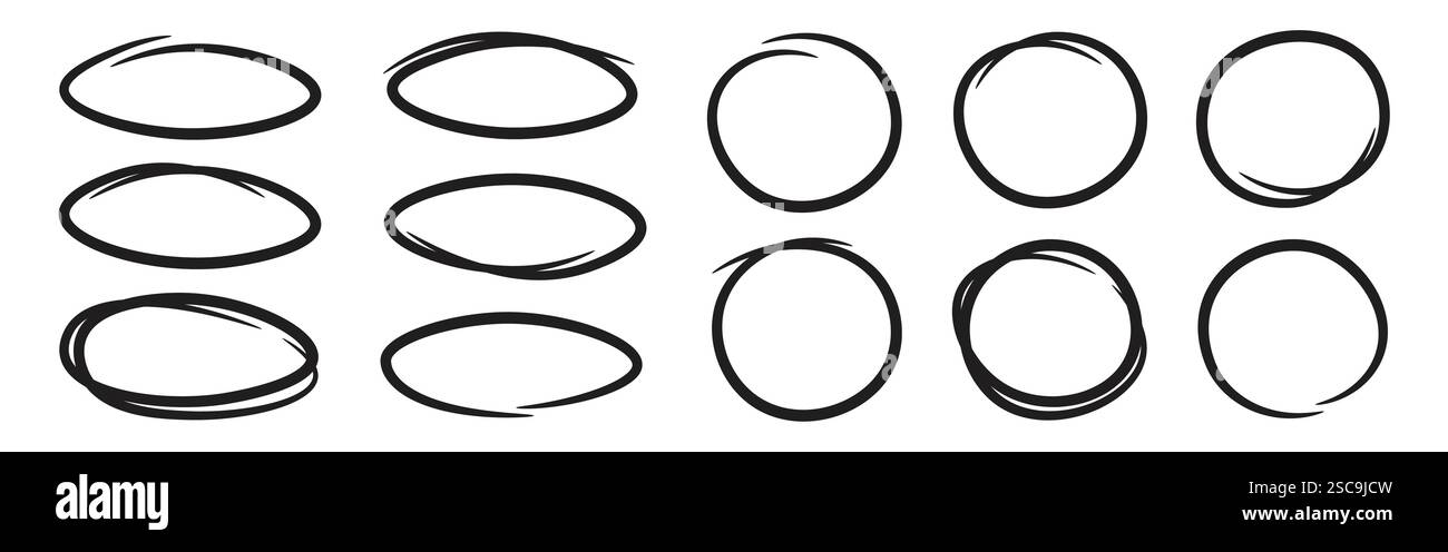 Hand drawn circle line set. Highlight ellipse frames. Vector ...