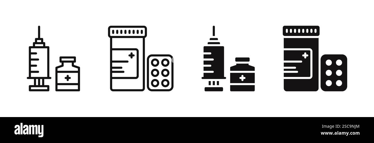 Pharmaceutical dosage icons set. Pills, medical drugs, syringe ...