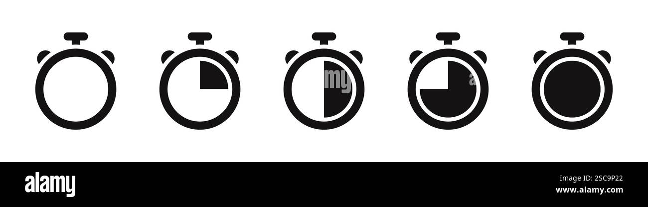 Timer icons set. Stopwatch, kitchen timer, countdown timer, cooking time symbols. Vector illustration. Stock Vector