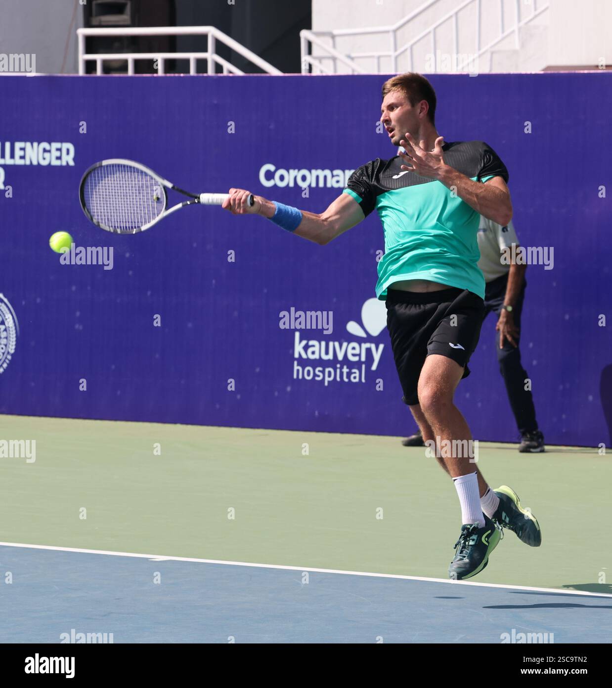 Chennai, India. 06th Feb, 2025. Chennai Open 2025: Oleksandr OVCHARENKO (UKR) vs Alexey ZAKHAROV (RUS) Oleksandr OVCHARENKO (UKR) defeated Alexey ZAKHAROV (RUS) by 0-6, 7-5, & 6-4 Oleksandr OVCHARENKO (UKR) in action Credit: Seshadri SUKUMAR/Alamy Live News Stock Photo