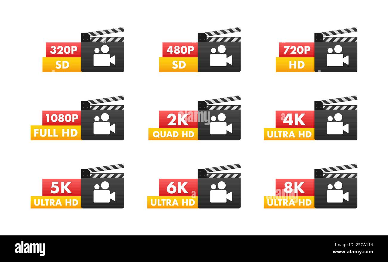 Clapperboard with video resolution markings indicating broadcasting quality from SD to 8K Ultra HD Stock Vector