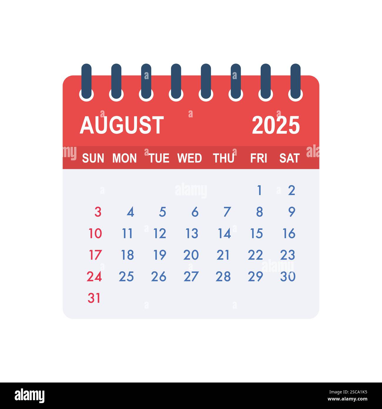 August 2025 calendar page showing days, weeks and months Stock Vector ...