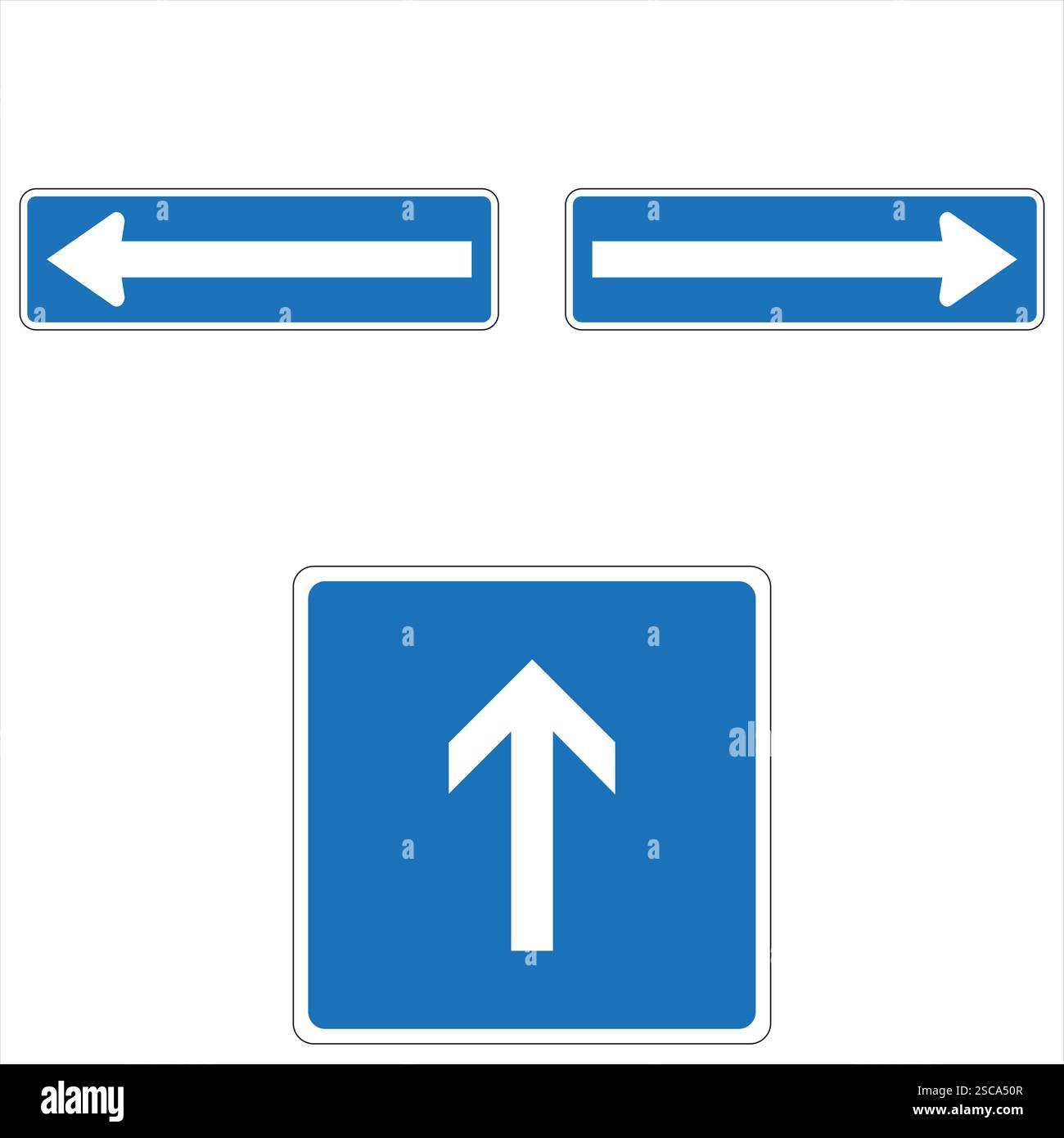 One way, forward, left and right arrow road signs pointing directions on white background Stock Vector