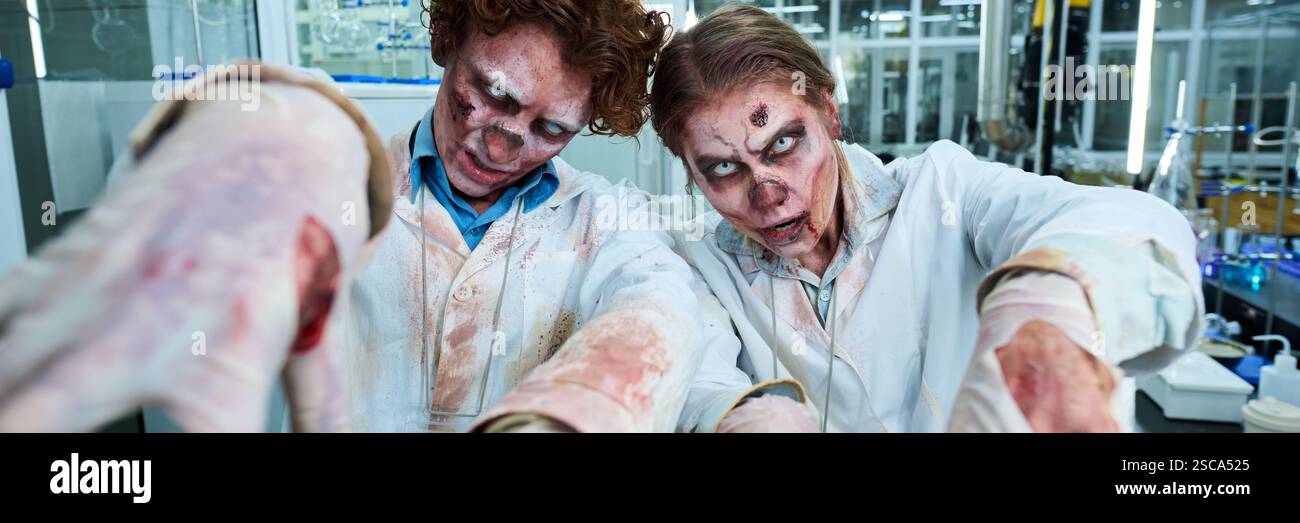 Zombie Lab Workers Reaching Out Hands Header Stock Photo