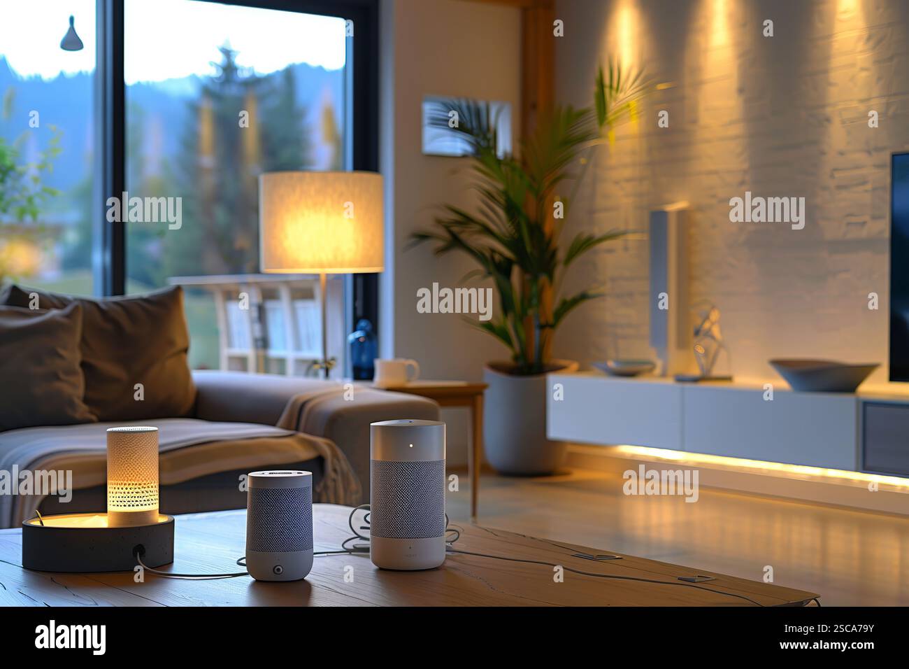 A smart speaker is on a table in a living room. The room is well-lit ...