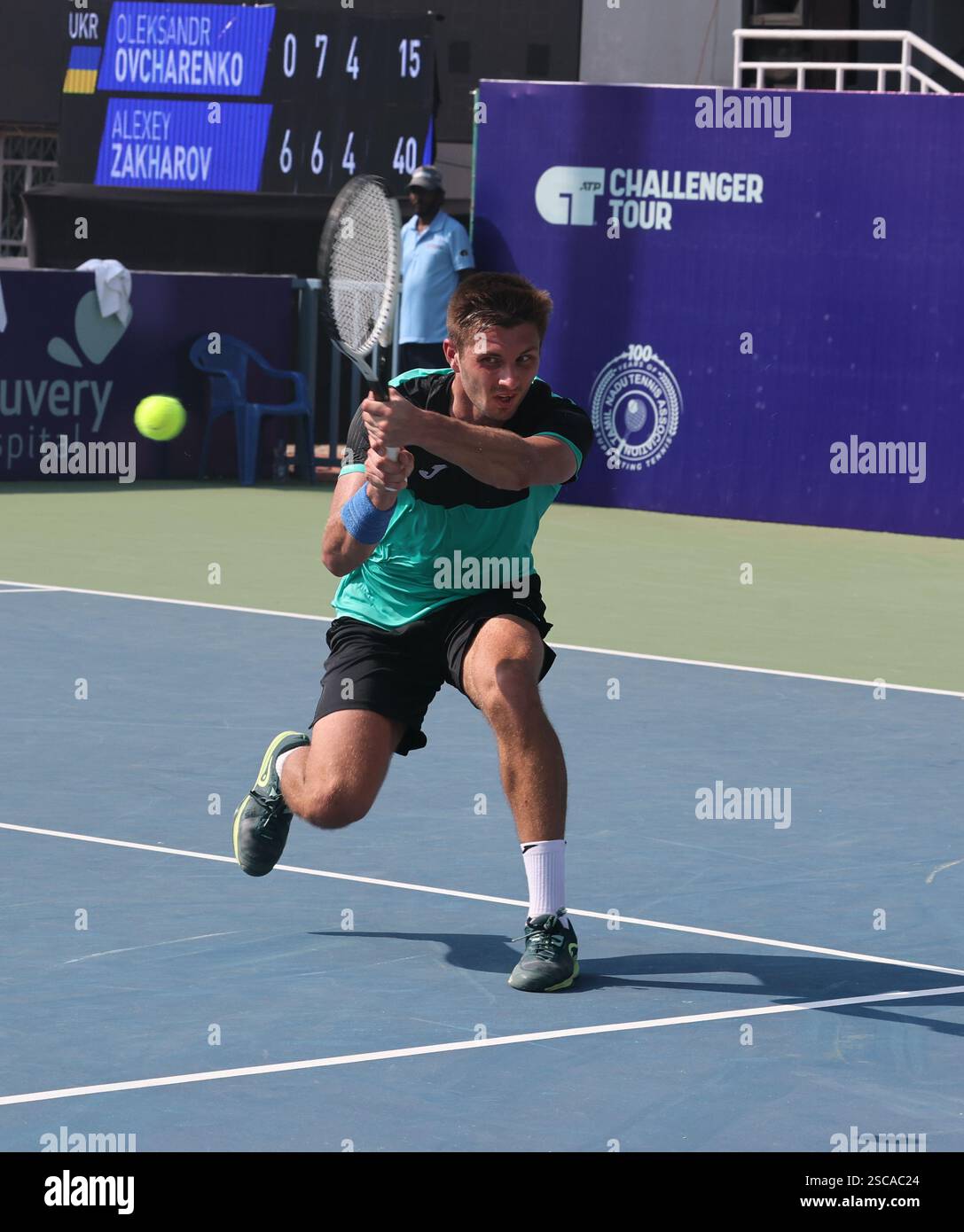 Chennai, India. 06th Feb, 2025. Chennai Open 2025: Oleksandr OVCHARENKO (UKR) vs Alexey ZAKHAROV (RUS) Oleksandr OVCHARENKO (UKR) defeated Alexey ZAKHAROV (RUS) by 0-6, 7-5, & 6-4 Oleksandr OVCHARENKO (UKR) in action Credit: Seshadri SUKUMAR/Alamy Live News Stock Photo