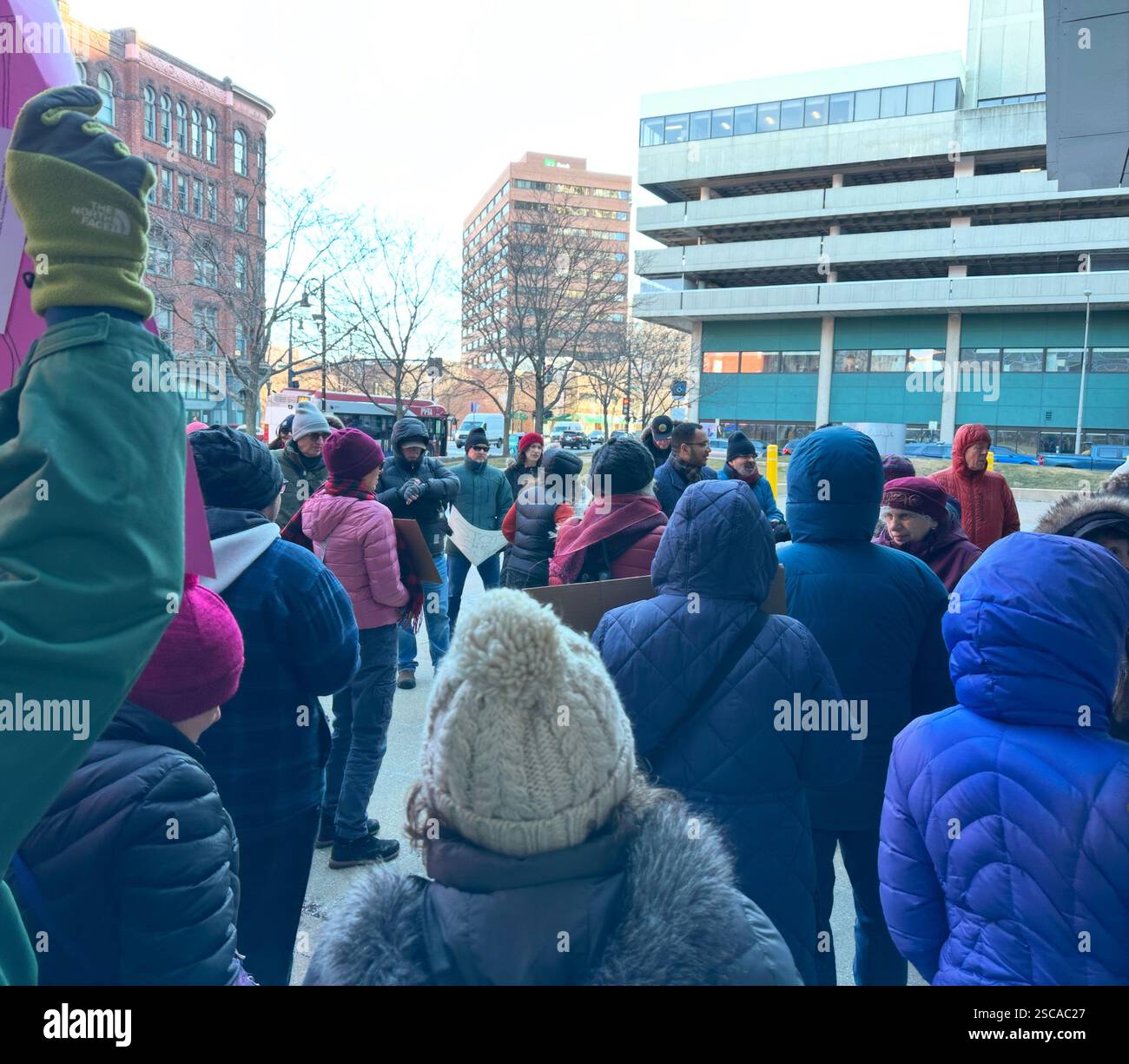 February 5, 2025, Springfield, Massachusetts, United States. Rally outside the Springfield offices of Senators Ed Markey and Elizabeth Warren. - Smartphone Captured Stock Image