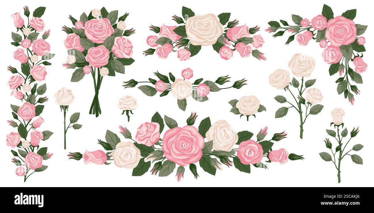 Pink and white roses. Delicate flowers. Floral compositions. Garland ...