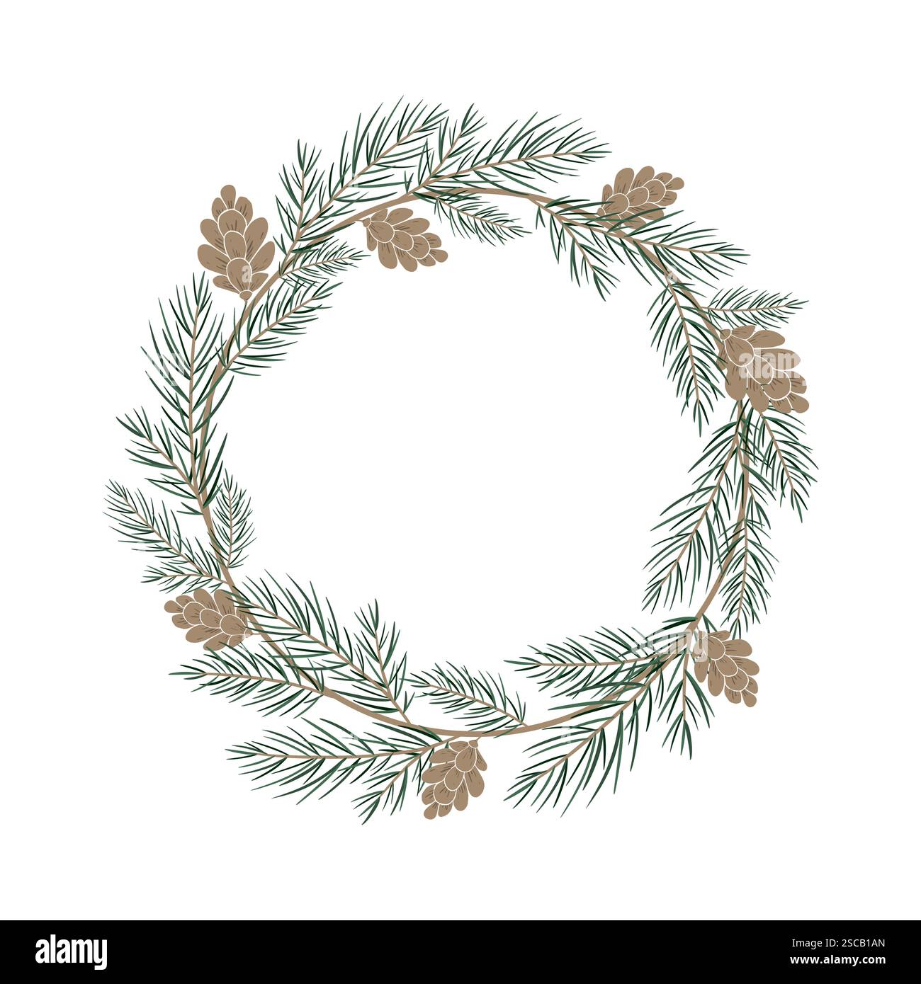 Wreath of pine branch and cones. Botanical elements twig of conifers ...