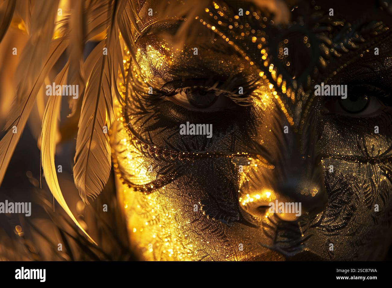 A woman with gold face paint and feathers on her head is wearing a gold ...