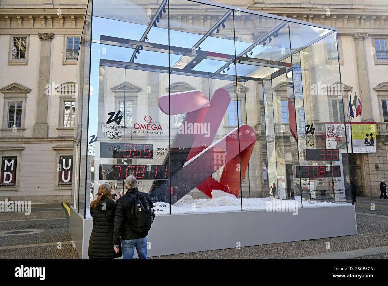 A countdown clock for the 2026 MilanCortina Winter Olympics is set up