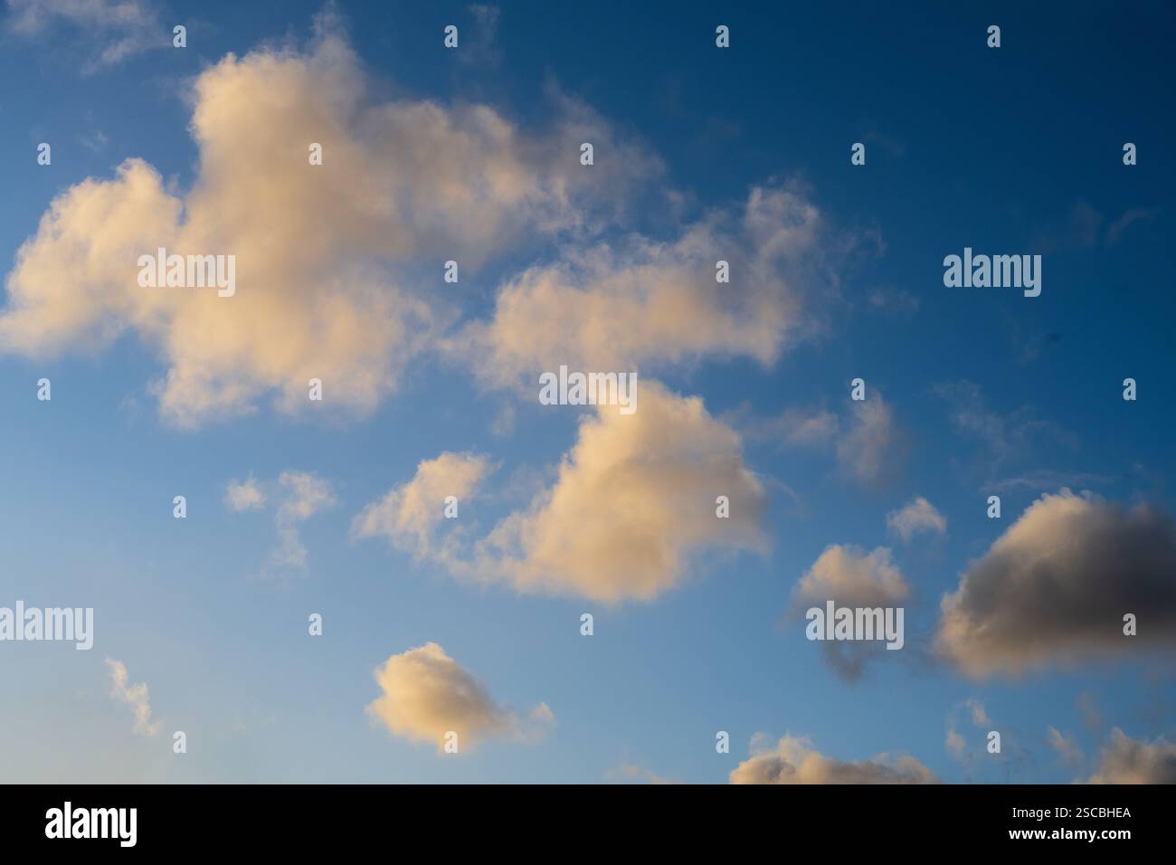 Fluffy clouds in a blue sky warmly lit by golden evening sunshine Stock Photo