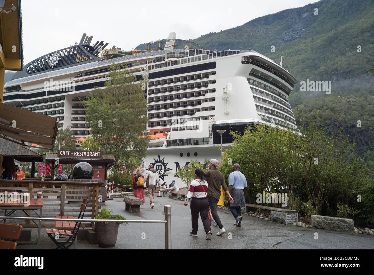 The mega cruise ship MSC Virtuosa in Flam Harbour, Flam, Norway. Capacity 6000 pasengers plus 1700 crew. Stock Photo