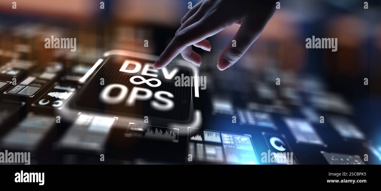 DevOps Development and Operations Integration for Efficient Delivery, projection on a virtual screen, Business and Technology Concept. Stock Photo