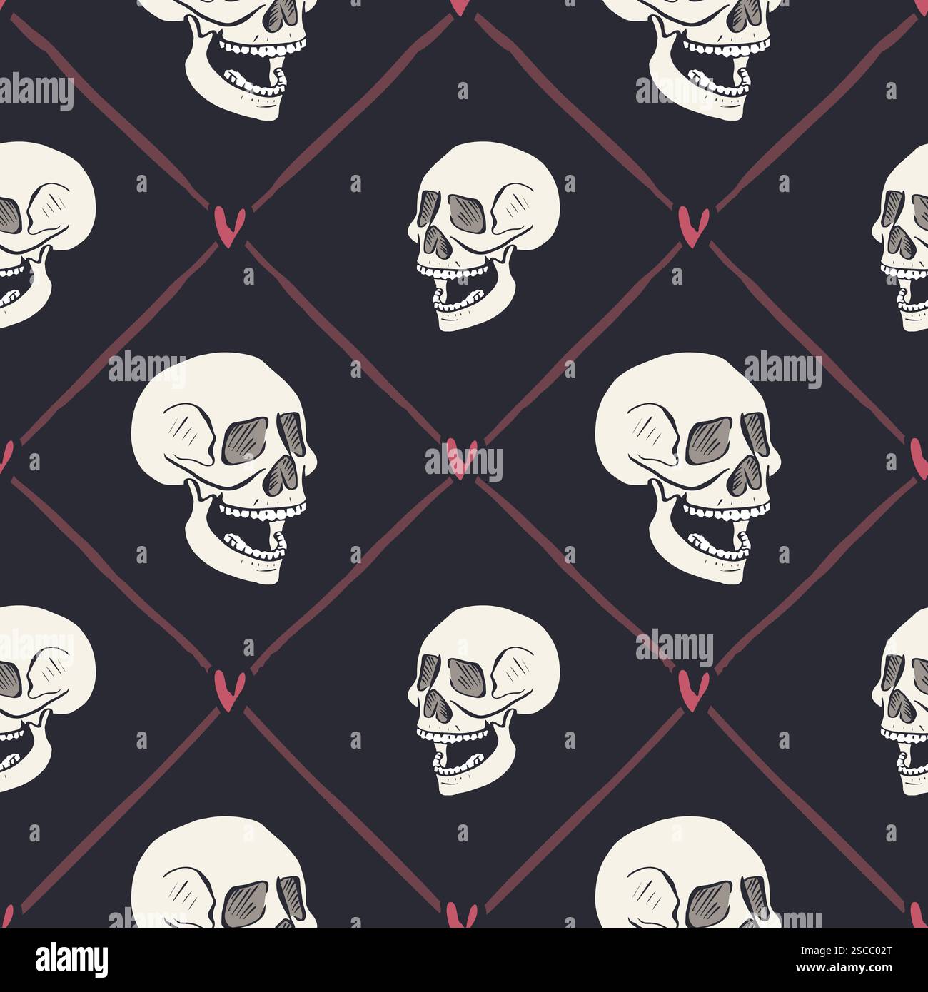 Seamless pattern with hand drawn skulls inside trellis Stock Vector