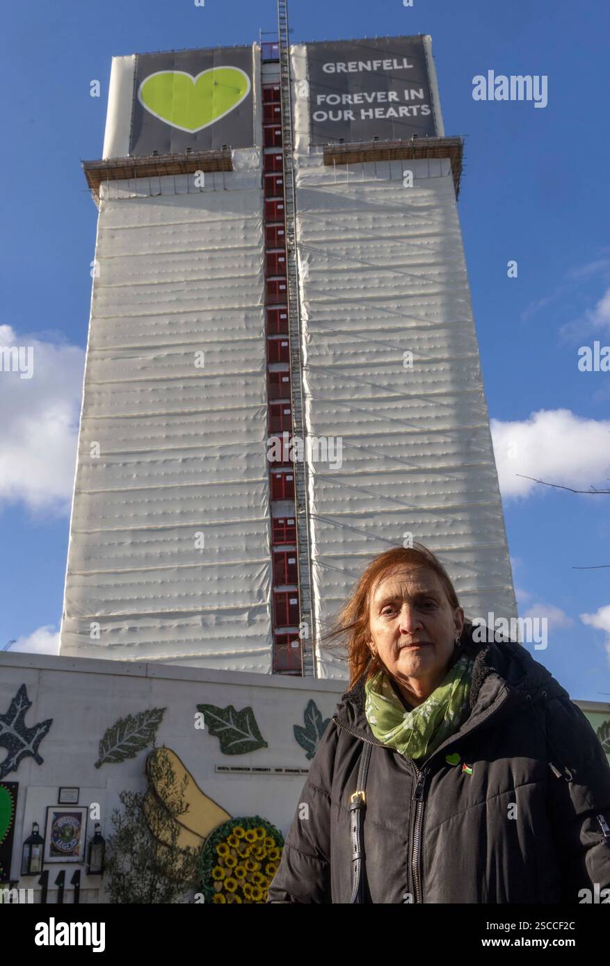 London, UK. 6th Feb, 2025. View of Grenfell Tower with Emma Dent Coad, British architectural historian and politician who served as Member of Parliament (MP) for Kensington from 2017 to 2019. She has been a member of Kensington and Chelsea London Borough Council for Golborne since 2006 Deputy Prime Minister, Angela Rayner, has decided to demolish Grenfell tower and replace it with a memorial. Angela Rayner met with families and survivors of the Grenfell fire on Wednesday night to tell them the remains of the building would be demolished. Credit: Karl Black/Alamy Live News Stock Photo