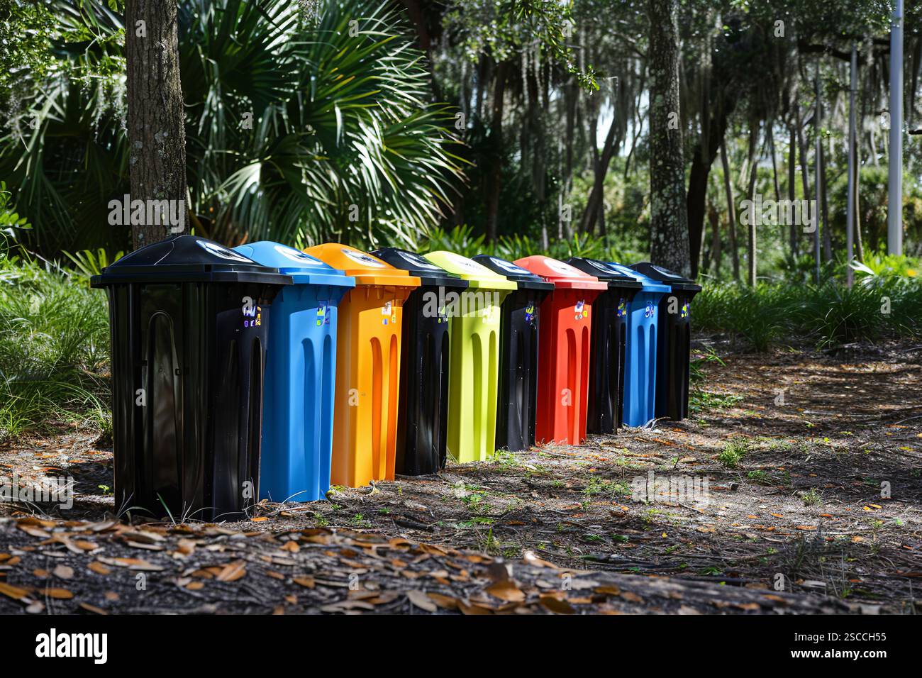Garbage Container Different Color A row of trash cans are lined up in a park. The trash cans are of ...