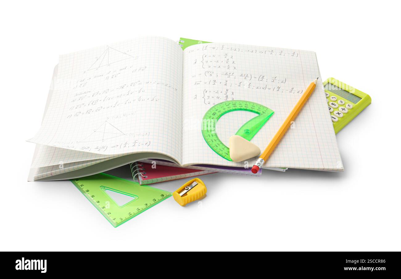 Doing homework. Notebook with math assignment and stationery on white ...