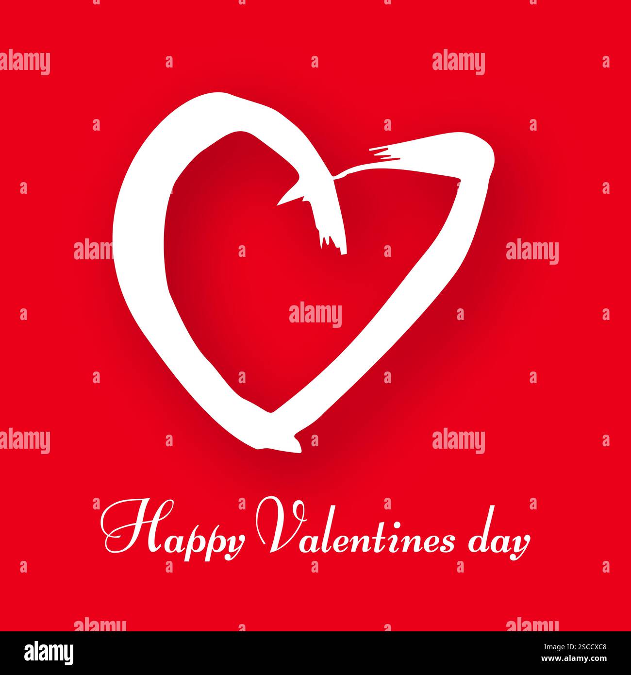 Hand drawn heart on red background. White grunge doodle heart with shadow. Romantic love symbol. Vector illustration. Stock Vector
