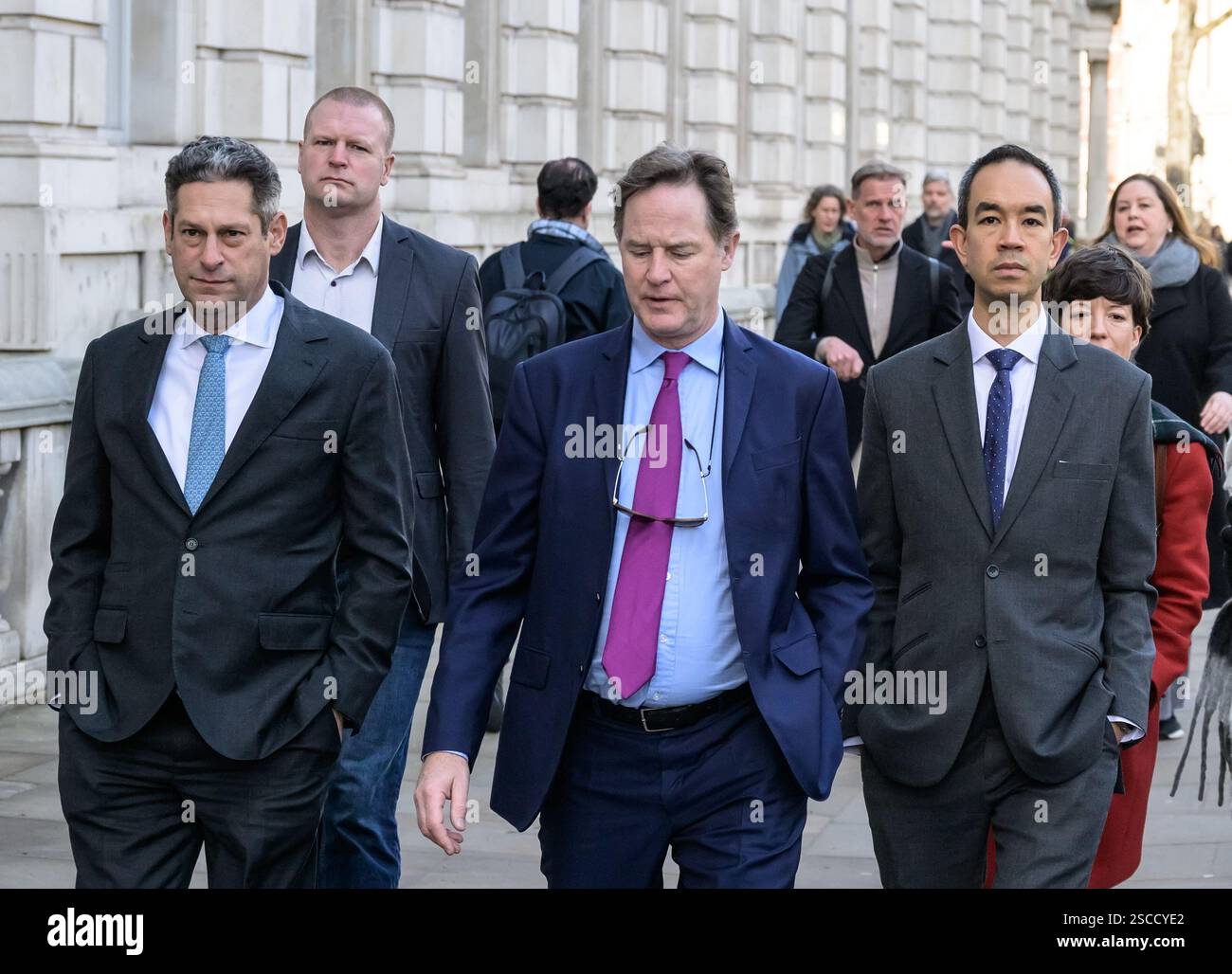 Joel Kaplan (president of global affairs of Meta) Nick Clegg, Chris Yiu (director of public policy at Meta) and Bailey Ingram in Whitehall, 05.02.2025 Stock Photo