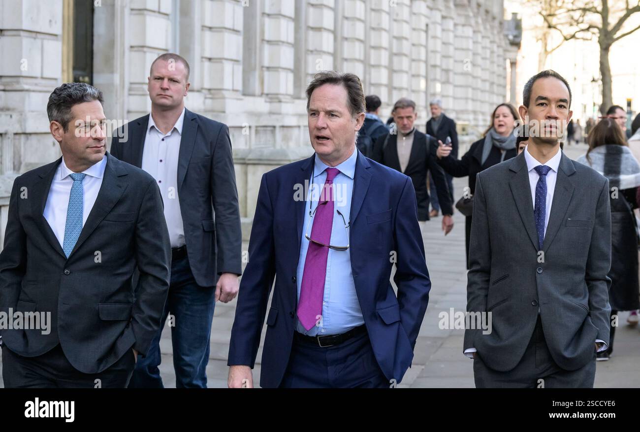 Joel Kaplan (president of global affairs of Meta) with his predecessor Nick Clegg, and Chris Yiu (director of public policy at Meta) in Whitehall Stock Photo