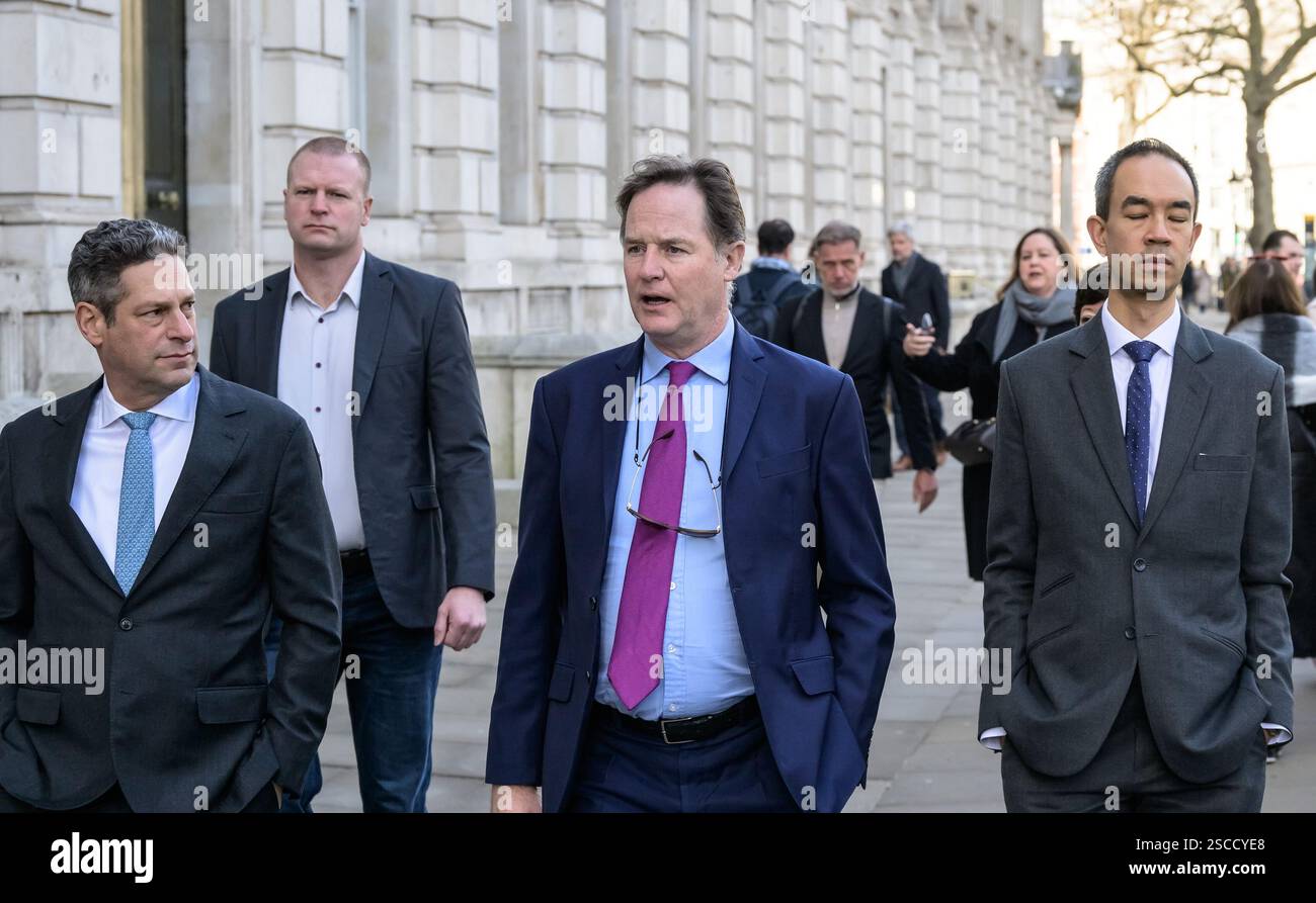 Joel Kaplan (president of global affairs of Meta) with his predecessor Nick Clegg, and Chris Yiu (director of public policy at Meta) in Whitehall Stock Photo