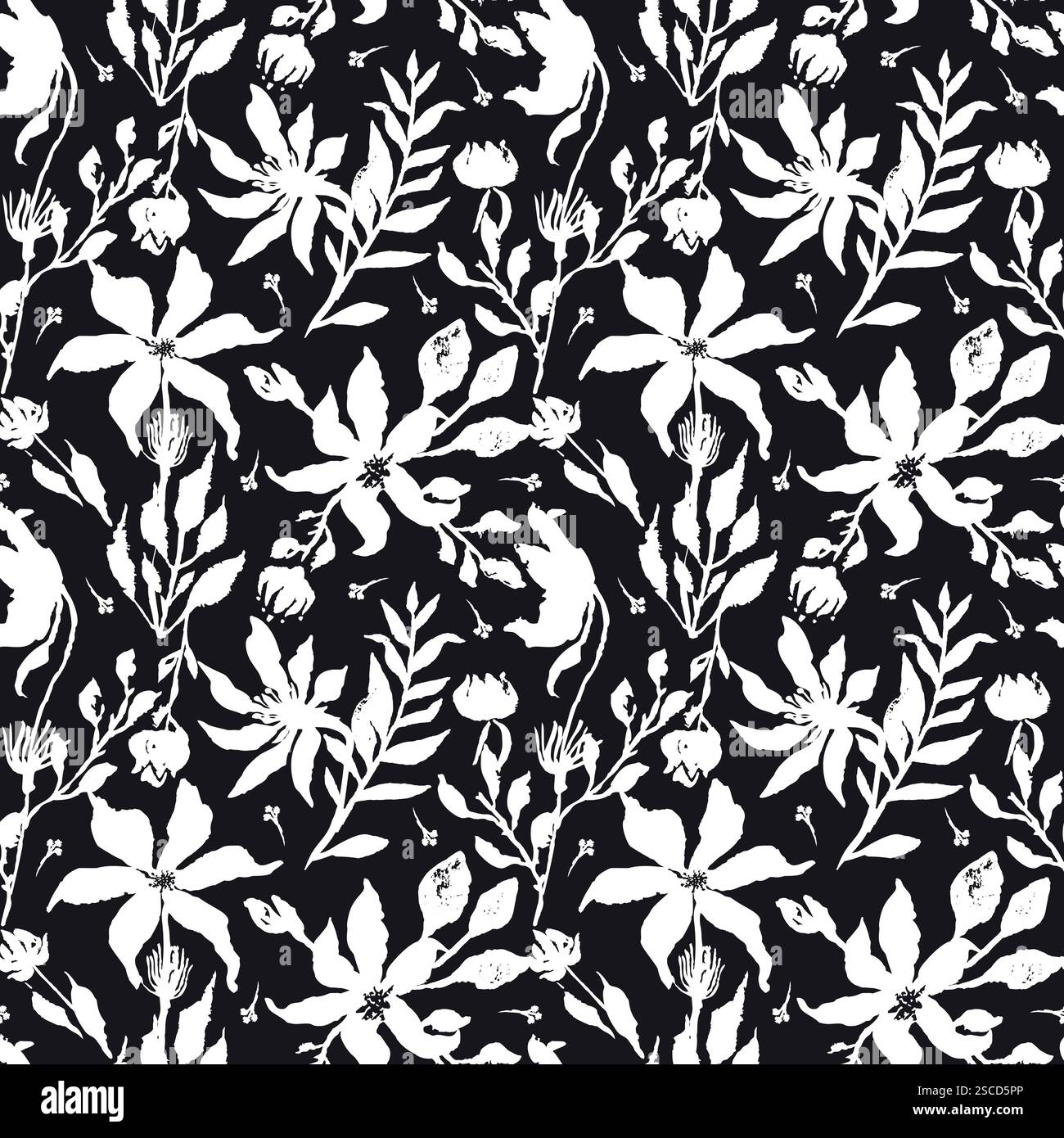 Seamless pattern with black and white hand drawn flowers Stock Vector ...