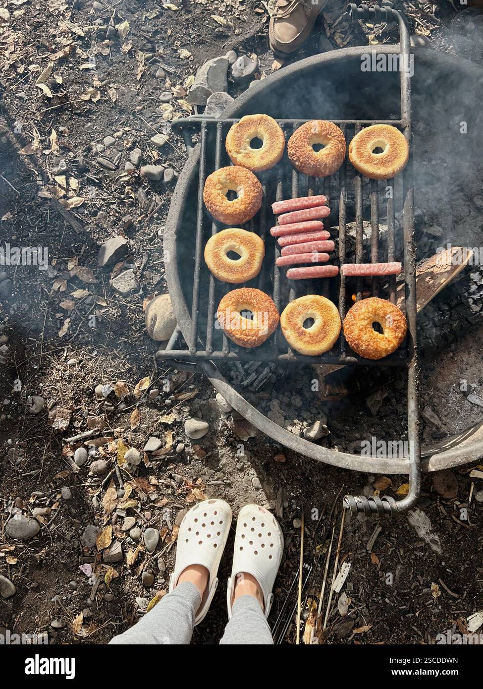 Bagels and Hotdogs on a Camp Fire - Smartphone Captured Stock Image