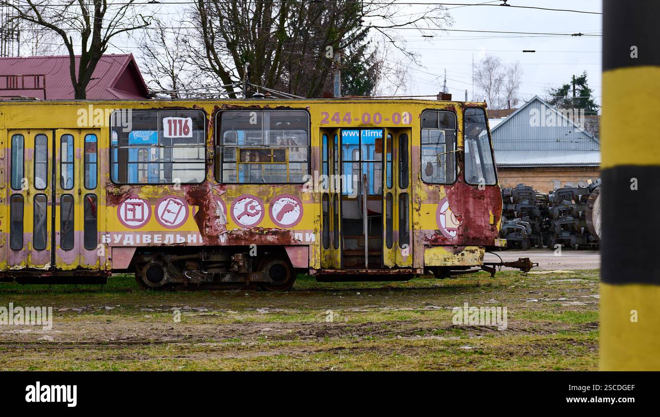 Lviv, Ukraine – 24.03.2024: Old Tatra KT4 trams on the premises of Tram ...