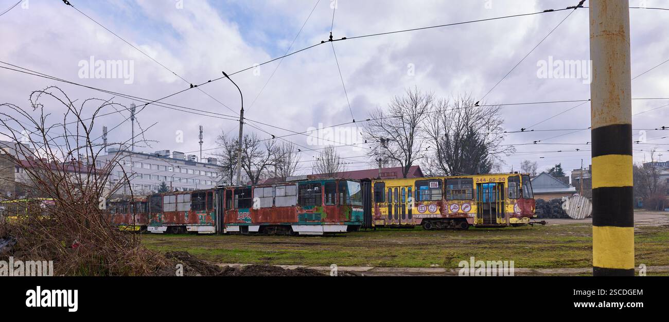 Lviv, Ukraine – 24.03.2024: Old Tatra KT4 trams on the premises of Tram ...